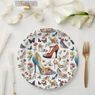 Elegant Floral High Heel SHOES Flowers Butterflies Paper Plate