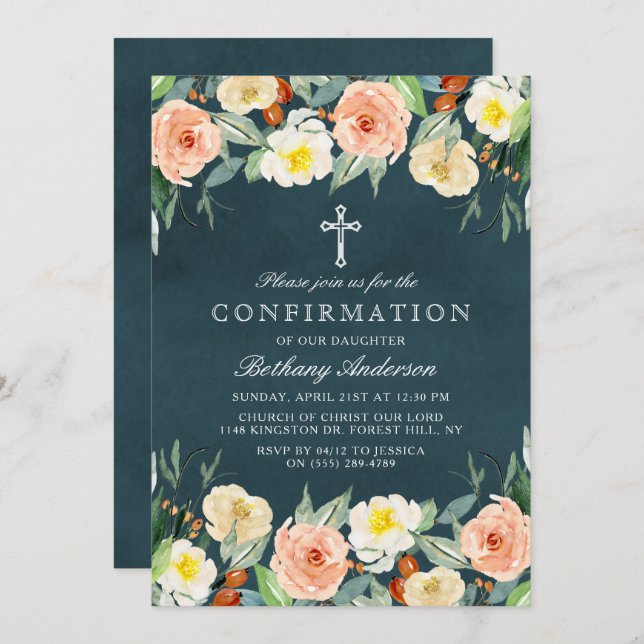 Elegant Floral Holy Communion Or Confirmation Invitation (Front/Back)