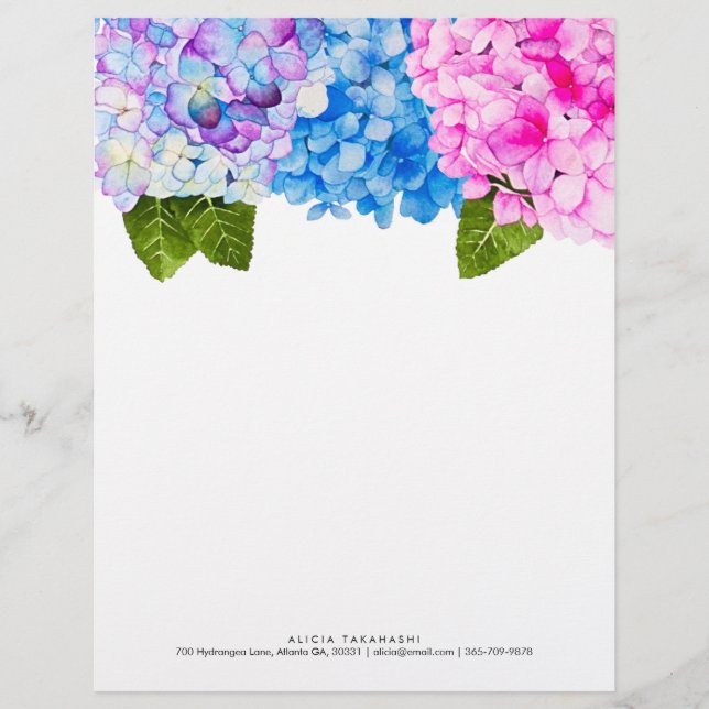 Elegant Floral Hydrangeas | Add Name Contact Custom Letterhead (Front)