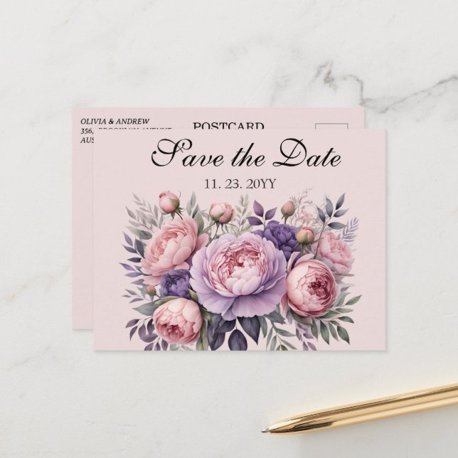Elegant floral in soft pastel Save the Date Postcard (Front/Back In Situ)