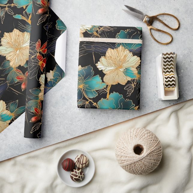 Elegant Floral in Teal, Black & Cream Decoupage Wrapping Paper (Crafts)