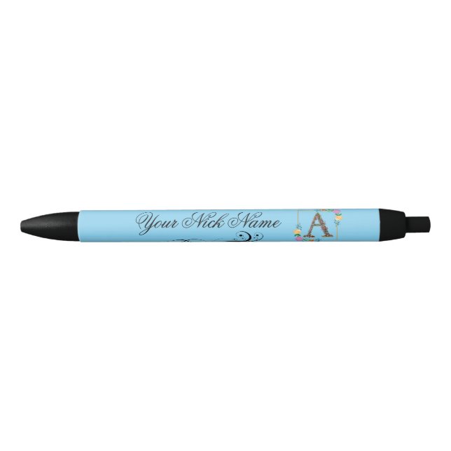 Elegant Floral Initial A Black Ink Pen (Front)