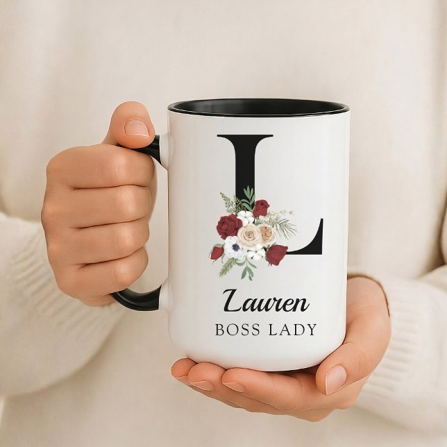 Elegant Floral Initial Custom Mug Gift for Boss (Personalized Monogram Floral Alphabet Mug for Mom, Grandma, Teacher, Nurse, Lawyer or Bridesmaid)