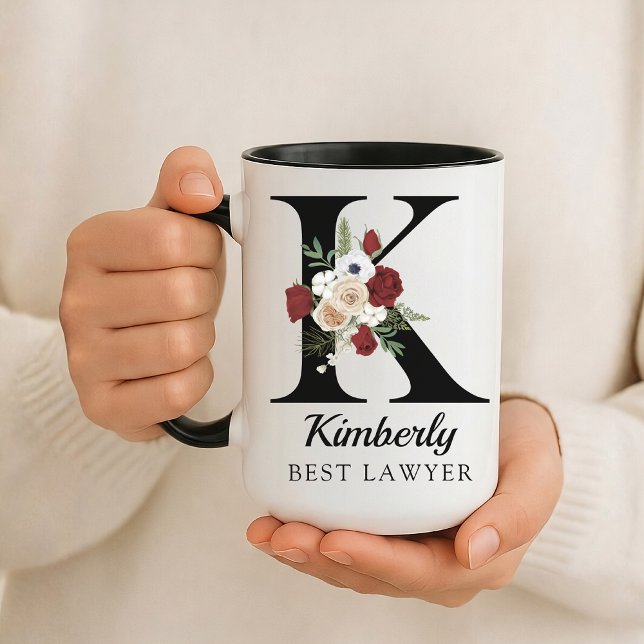 Elegant Floral Initial Custom Mug Gift for Lawyer (Personalized Monogram Floral Alphabet Mug for Mom, Grandma, Teacher, Nurse, Lawyer or Bridesmaid)