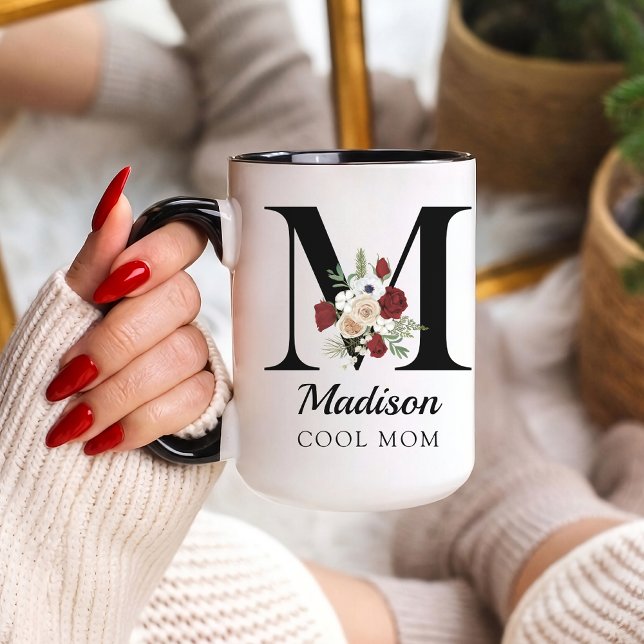 Elegant Floral Initial Custom Mug Gift for Mama (Personalized Monogram Floral Alphabet Mug for Mom, Grandma, Teacher, Nurse, Lawyer or Bridesmaid)