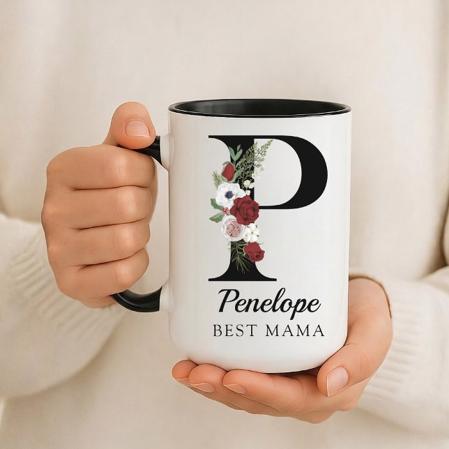 Elegant Floral Initial Custom Mug Gift for New Mum (Personalized Monogram Floral Alphabet Mug for Mom, Grandma, Teacher, Nurse, Lawyer or Bridesmaid)