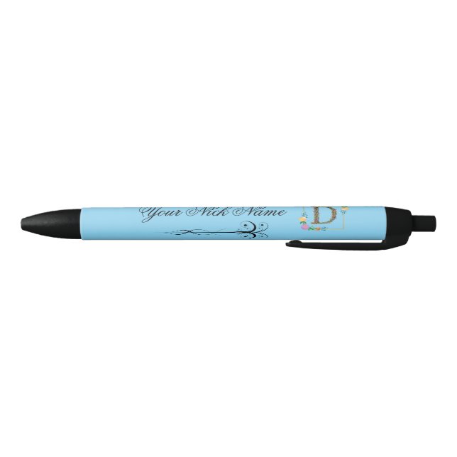 Elegant Floral Initial D Black Ink Pen (Bottom)