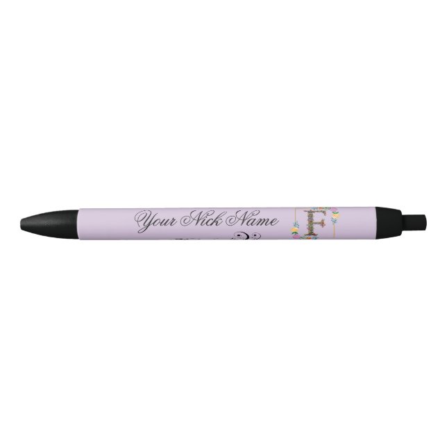 Elegant Floral Initial F Black Ink Pen (Front)