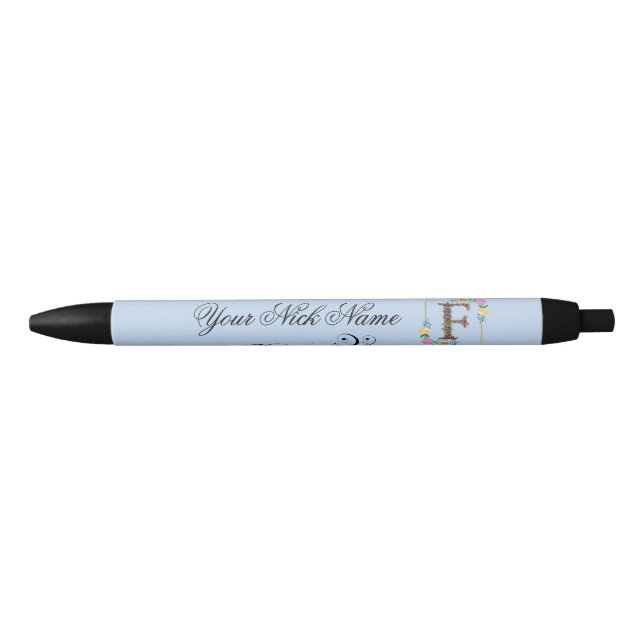 Elegant Floral Initial F Black Ink Pen (Front)