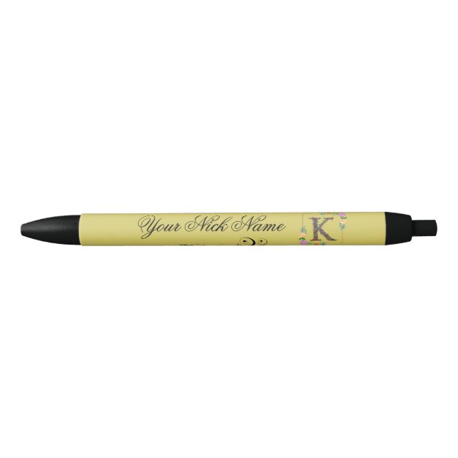 Elegant Floral Initial K Black Ink Pen (Front)