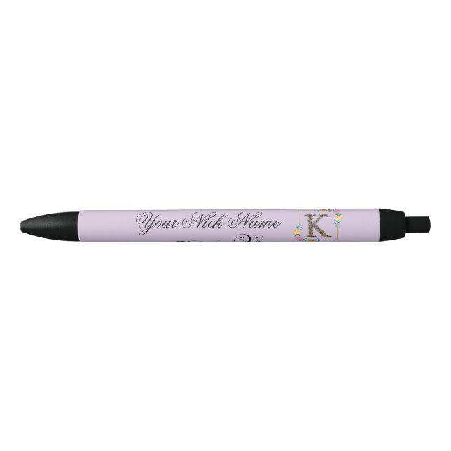 Elegant Floral Initial K Black Ink Pen (Front)