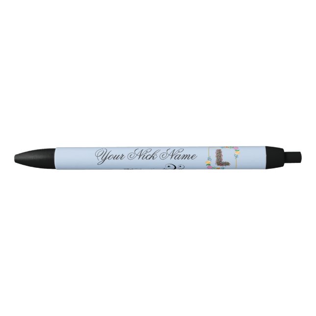 Elegant Floral Initial L Black Ink Pen (Front)