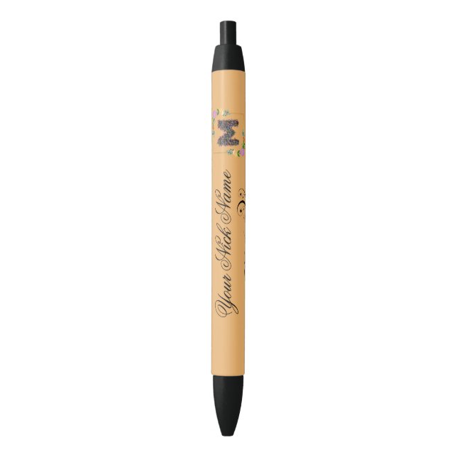 Elegant Floral Initial N Black Ink Pen (Front Vertical)