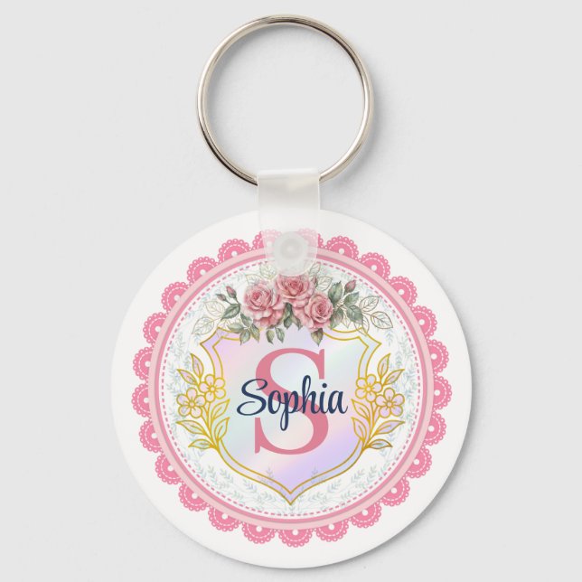 Elegant Floral Initial & Name Monogram Key Ring (Front)