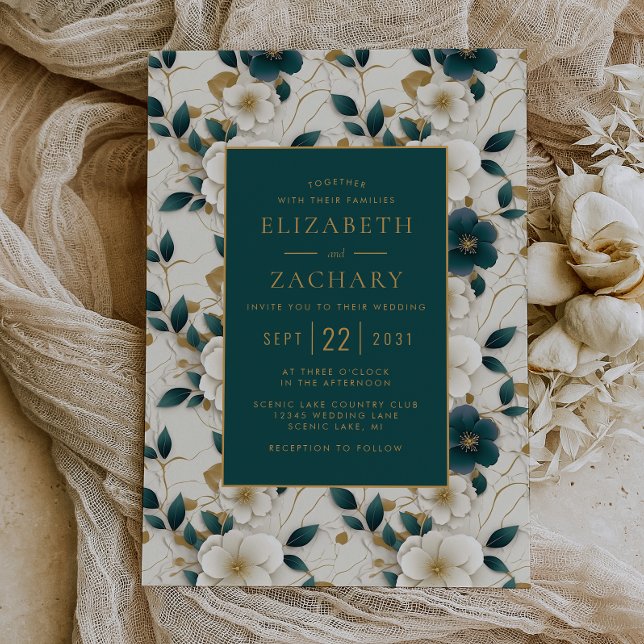 Elegant Floral Ivory Dark Teal Gold Wedding Invitation (Creator Uploaded)