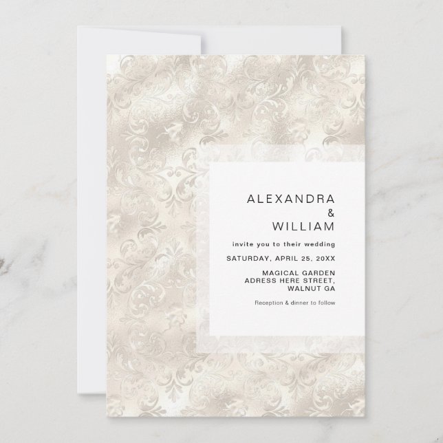 Elegant Floral Ivory Faux Foil Pearl Glam Wedding Invitation (Front)