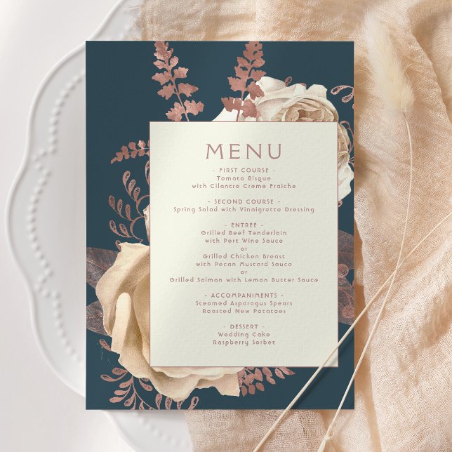 Elegant Floral Ivory Rose Gold Teal Wedding Menu (Creator Uploaded)