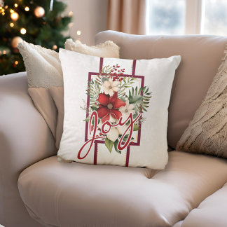 Elegant Floral Joy Script Christmas Cushion