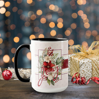 Elegant Floral Joy Script Custom Name Christmas Mug