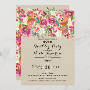 Elegant Floral & Kraft Shabby Chic Birthday Party Invitation