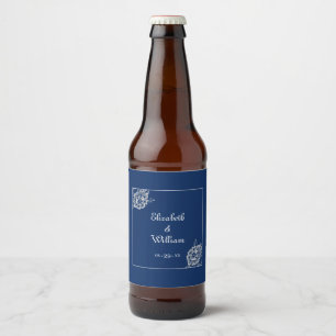 Elegant Floral Lace on Navy Blue Wedding Beer Bottle Label