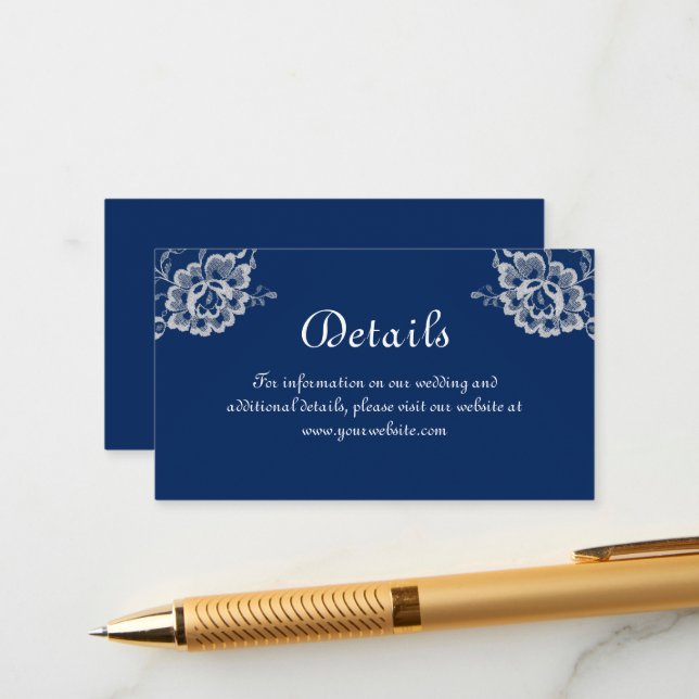 Elegant Floral Lace on Navy Blue Wedding Enclosure Card (Front/Back In Situ)