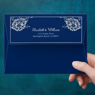 Elegant Floral Lace on Navy Blue Wedding Envelope