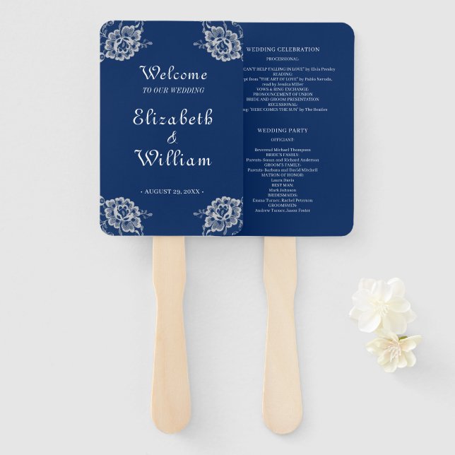 Elegant Floral Lace on Navy Blue Wedding Hand Fan (Front and Back)