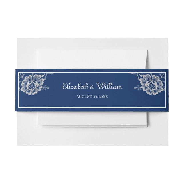Elegant Floral Lace on Navy Blue Wedding Invitation Belly Band (Front Example)