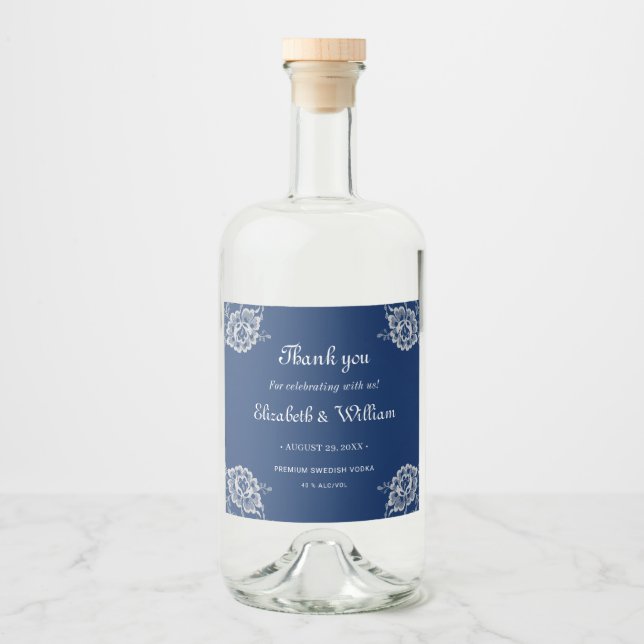Elegant Floral Lace on Navy Blue Wedding Liquor Bottle Label (Front)