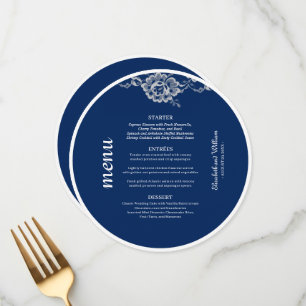 Elegant Floral Lace on Navy Blue Wedding Menu