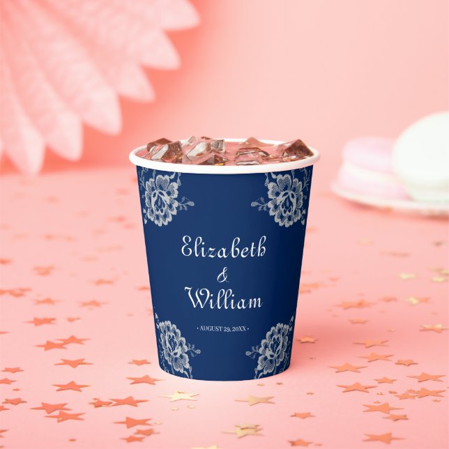Elegant Floral Lace on Navy Blue Wedding Paper Cups (Insitu)