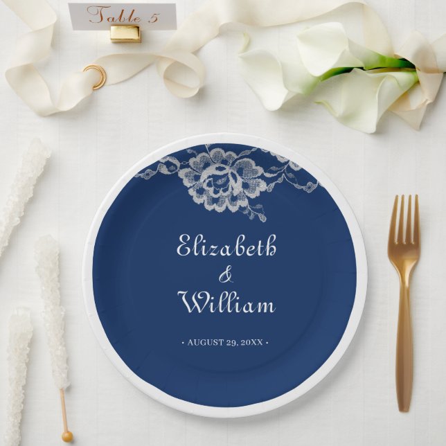 Elegant Floral Lace on Navy Blue Wedding Paper Plate (Wedding)
