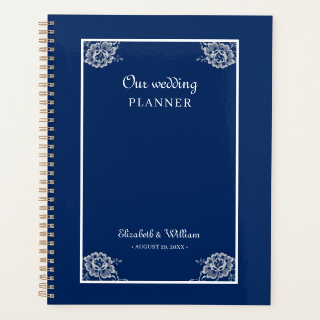 Elegant Floral Lace on Navy Blue Wedding Planner (Front)