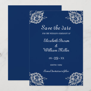 Elegant Floral Lace on Navy Blue Wedding Save The Date