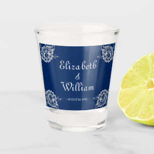 Elegant Floral Lace on Navy Blue Wedding Shot Glass