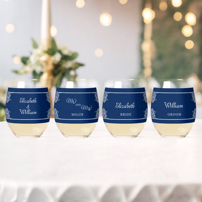 Elegant Floral Lace on Navy Blue Wedding Stemless Wine Glass (Insitu (Wedding))