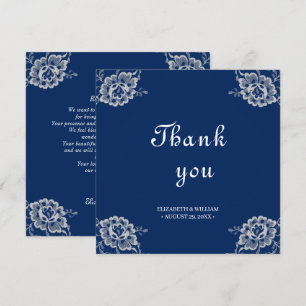 Elegant Floral Lace on Navy Blue Wedding Thank You Card