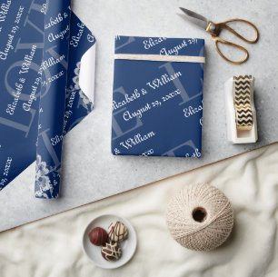 Elegant Floral Lace on Navy Blue Wedding Wrapping Paper