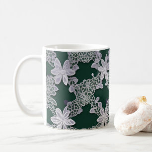 Elegant Floral Lace Pattern in Green and White Coffee Mug