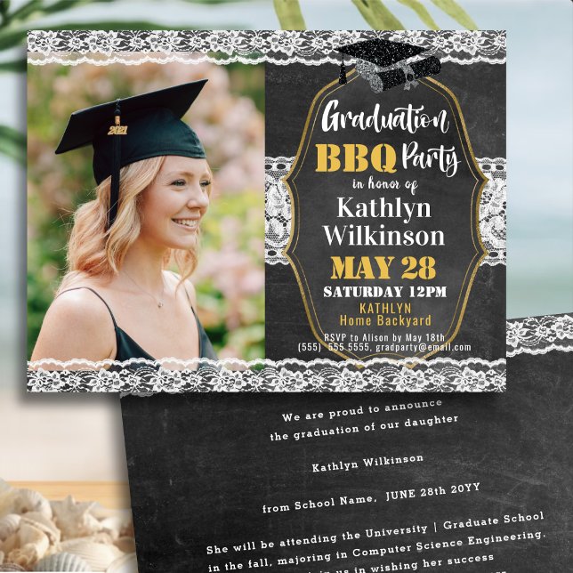 Elegant Floral Lace Photo Graduation BBQ Party   Invitation (Creator Uploaded)
