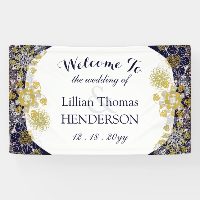 Elegant Floral Lace Silver Gold Wedding Party Banner (Horizontal)