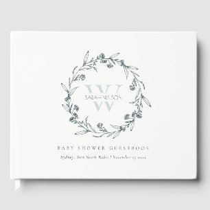 Elegant Floral Laurel Wreath Monogram Baby Shower Guest Book