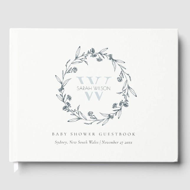Elegant Floral Laurel Wreath Monogram Baby Shower Guest Book (Front)