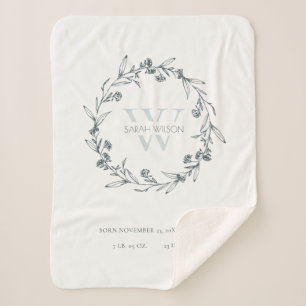 Elegant Floral Laurel Wreath Monogram Baby Stats Sherpa Blanket