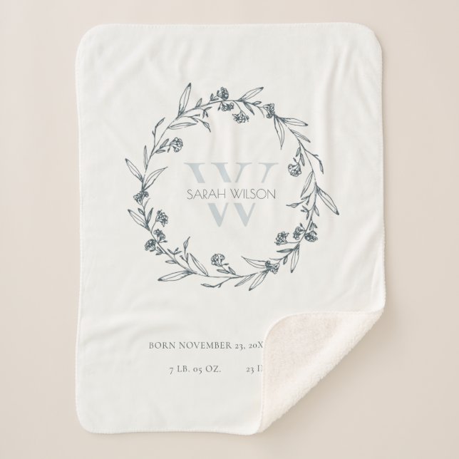 Elegant Floral Laurel Wreath Monogram Baby Stats Sherpa Blanket (Front)