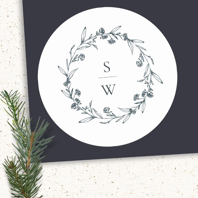 Elegant Floral Laurel Wreath Monogram Wedding Classic Round Sticker (Creator Uploaded)