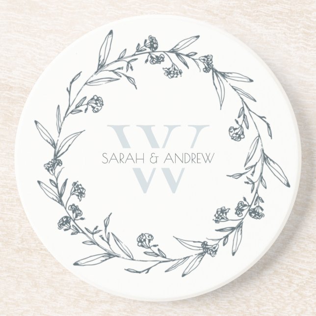 Elegant Floral Laurel Wreath Monogram Wedding Coaster (Front)