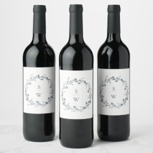Elegant Floral Laurel Wreath Monogram Wedding Wine Label
