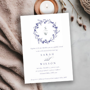 Elegant Floral Laurel Wreath Navy Blue Wedding Invitation
